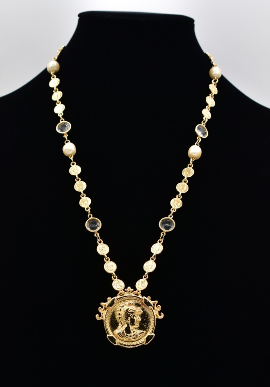 Vintage Open Bezel Crystal Coin Necklace Station Pearl Chain Gold 1980s BinBN